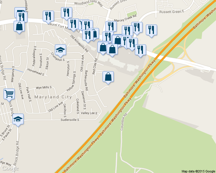 map of restaurants, bars, coffee shops, grocery stores, and more near 3498 Andrew Court in Maryland City