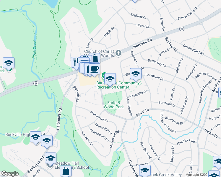 map of restaurants, bars, coffee shops, grocery stores, and more near 14615 Bauer Drive in Rockville