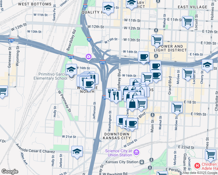 map of restaurants, bars, coffee shops, grocery stores, and more near 1656 Washington Street in Kansas City