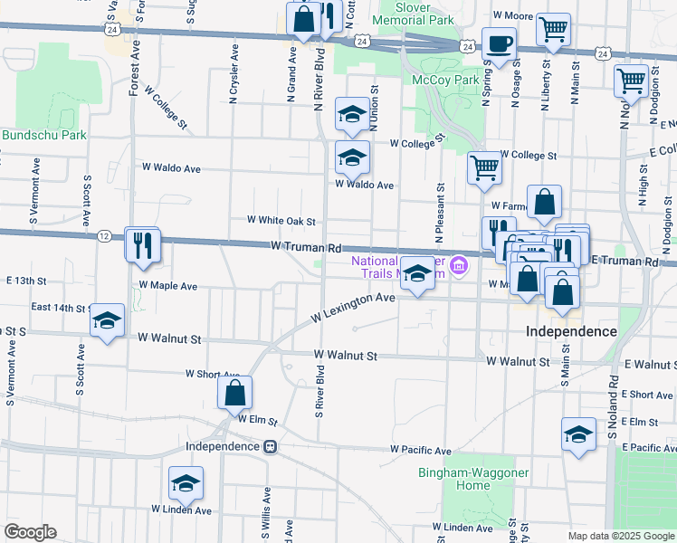 map of restaurants, bars, coffee shops, grocery stores, and more near 902 West Maple Avenue in Independence
