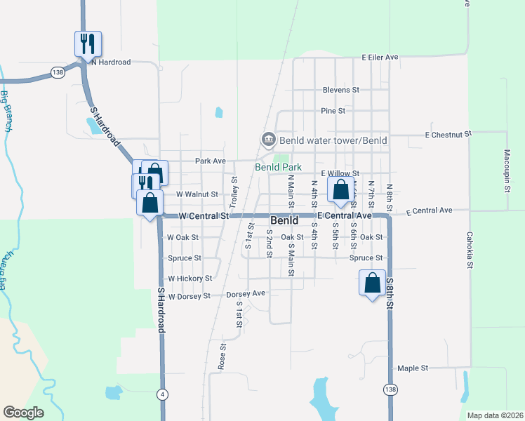 map of restaurants, bars, coffee shops, grocery stores, and more near 103 North 2nd Street in Benld