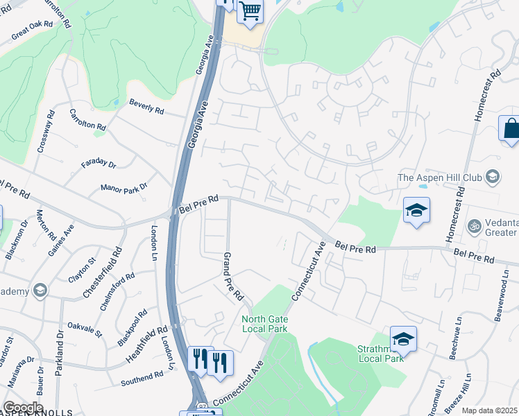 map of restaurants, bars, coffee shops, grocery stores, and more near 3722 Bel Pre Road in Silver Spring