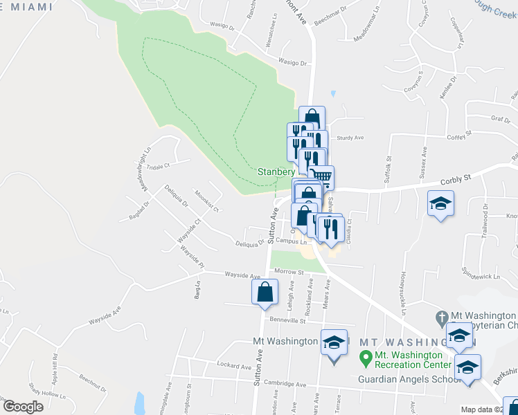 map of restaurants, bars, coffee shops, grocery stores, and more near 2107 Sutton Avenue in Cincinnati