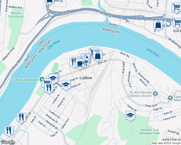 map of restaurants, bars, coffee shops, grocery stores, and more near 201 Oak Street in Ludlow