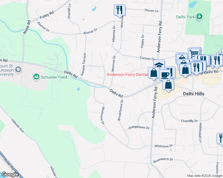 map of restaurants, bars, coffee shops, grocery stores, and more near 5424 Delhi Road in Cincinnati