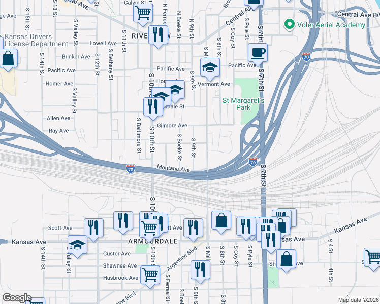 map of restaurants, bars, coffee shops, grocery stores, and more near 354 South 9th Street in Kansas City