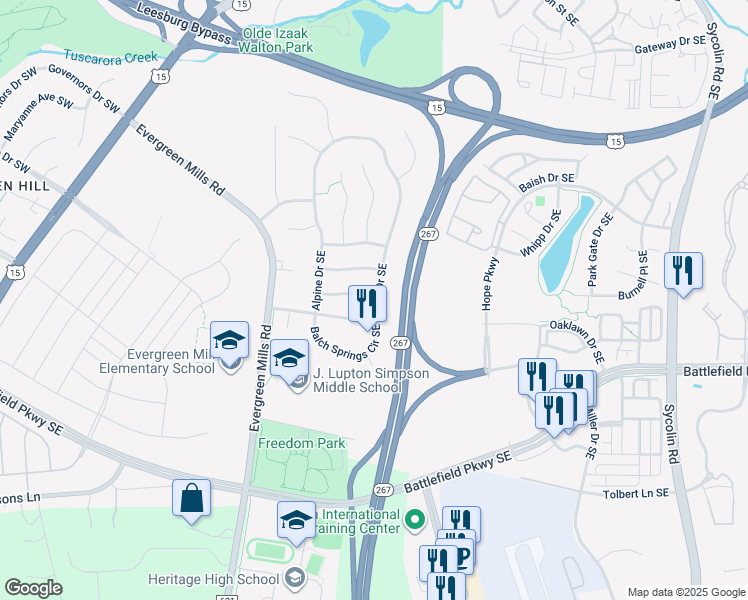 map of restaurants, bars, coffee shops, grocery stores, and more near 119 Dalhart Drive Southeast in Leesburg