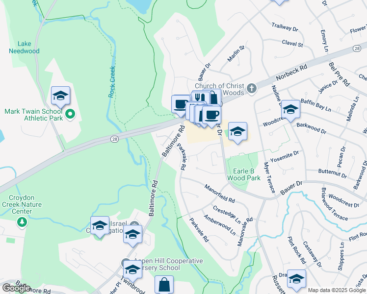 map of restaurants, bars, coffee shops, grocery stores, and more near 14425 Parkvale Road in Rockville