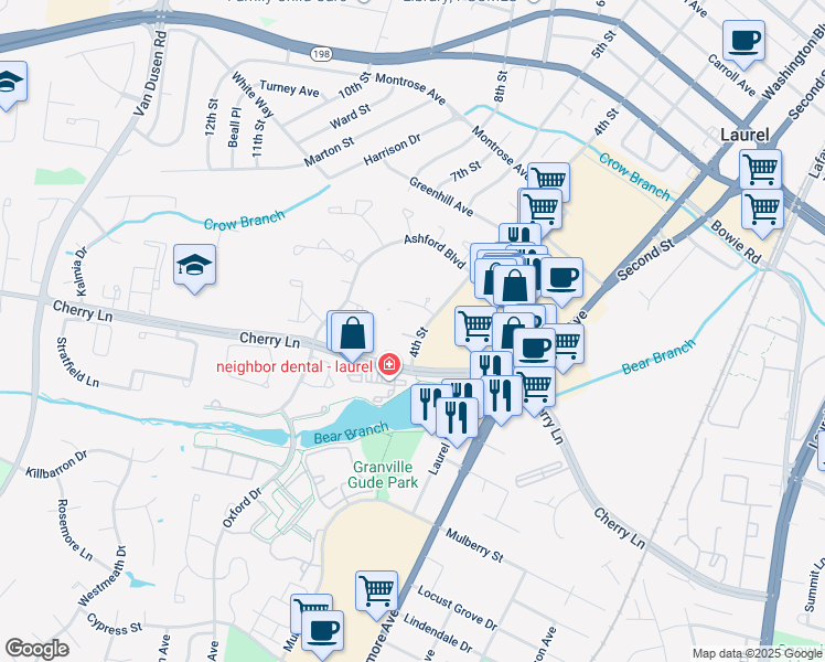 map of restaurants, bars, coffee shops, grocery stores, and more near 14720 4th Street in Laurel