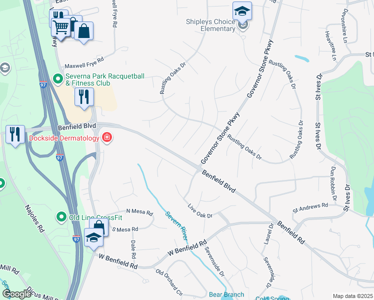 map of restaurants, bars, coffee shops, grocery stores, and more near 360 Green Aspen Court in Millersville