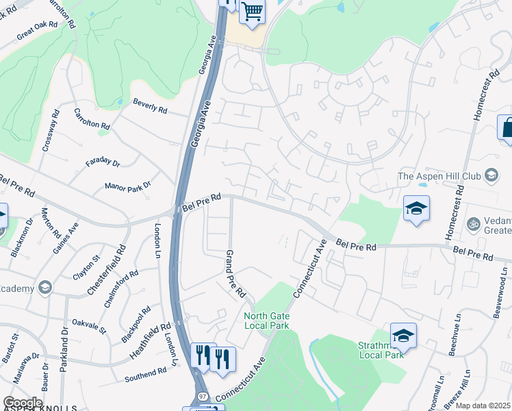 map of restaurants, bars, coffee shops, grocery stores, and more near 3772 Bel Pre Road in Silver Spring