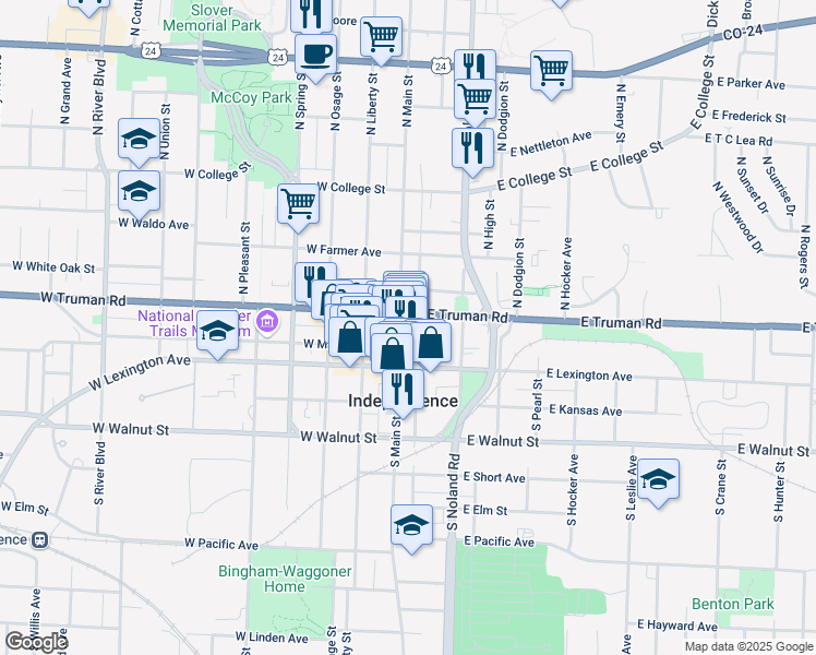 map of restaurants, bars, coffee shops, grocery stores, and more near 106 West Maple Avenue in Independence