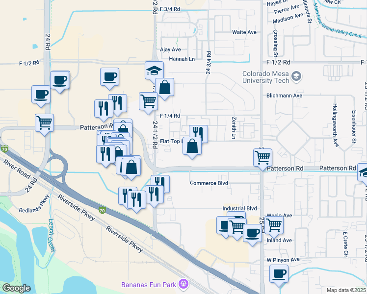 map of restaurants, bars, coffee shops, grocery stores, and more near 2460 Patterson Road in Grand Junction