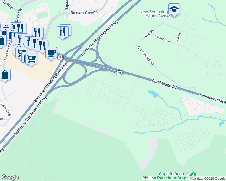 map of restaurants, bars, coffee shops, grocery stores, and more near 1612 Arrowwood Lane in Laurel