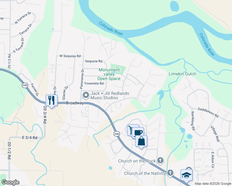 map of restaurants, bars, coffee shops, grocery stores, and more near 2134 Acadia Court in Grand Junction