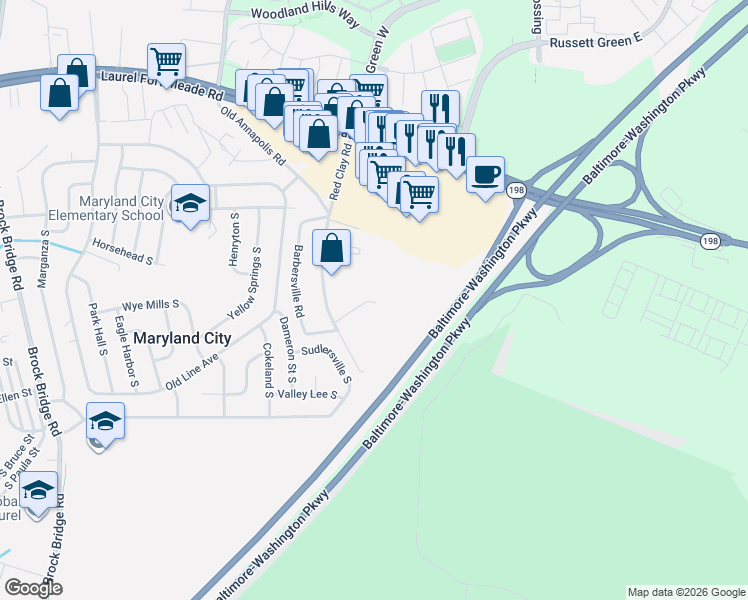 map of restaurants, bars, coffee shops, grocery stores, and more near 3472 Andrew Court in Laurel