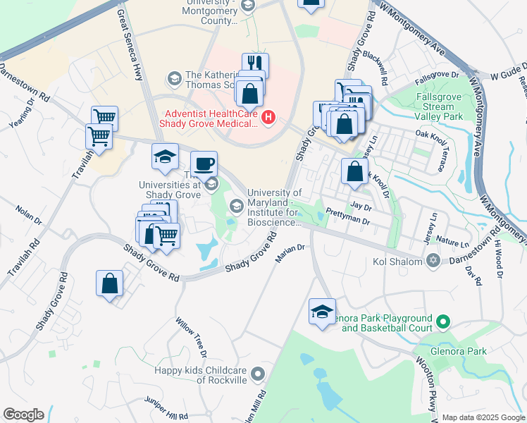 map of restaurants, bars, coffee shops, grocery stores, and more near 9820 Darnestown Road in Rockville