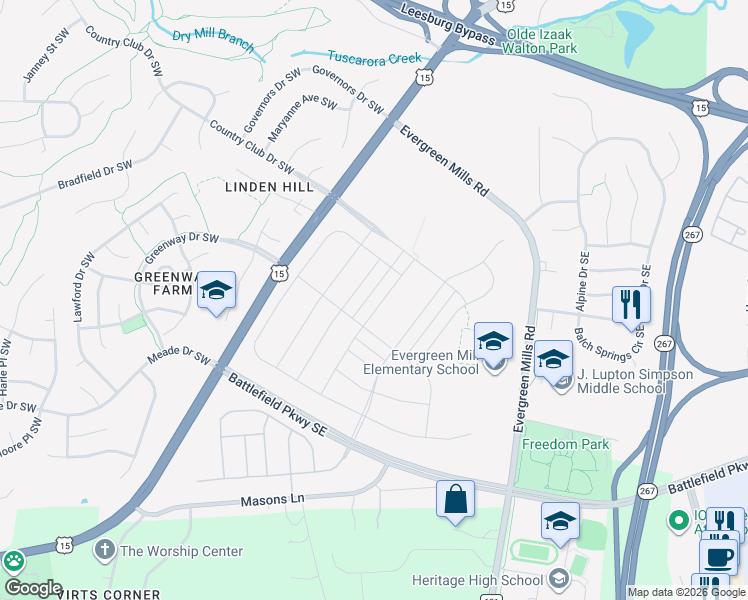 map of restaurants, bars, coffee shops, grocery stores, and more near 1020 Laconian Street Southeast in Leesburg