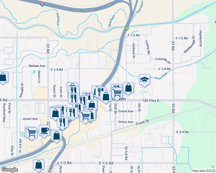 map of restaurants, bars, coffee shops, grocery stores, and more near 609 32 1/2 Road in Clifton
