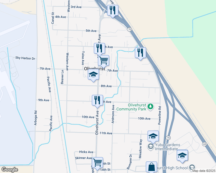 map of restaurants, bars, coffee shops, grocery stores, and more near 1808 8th Avenue in Olivehurst