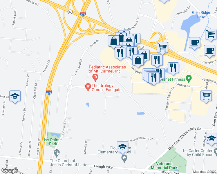 map of restaurants, bars, coffee shops, grocery stores, and more near 4380 Eastgate Boulevard in Cincinnati