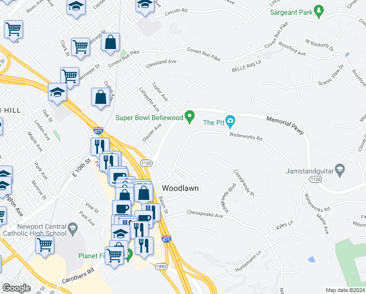 map of restaurants, bars, coffee shops, grocery stores, and more near 1162 Waterworks Road in Newport