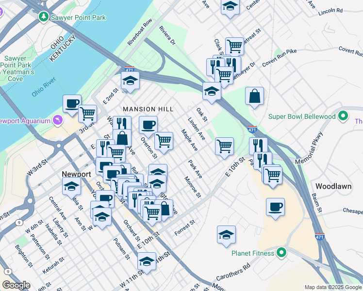 map of restaurants, bars, coffee shops, grocery stores, and more near 719 Park Avenue in Newport