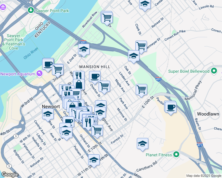 map of restaurants, bars, coffee shops, grocery stores, and more near 701 Monroe Street in Newport