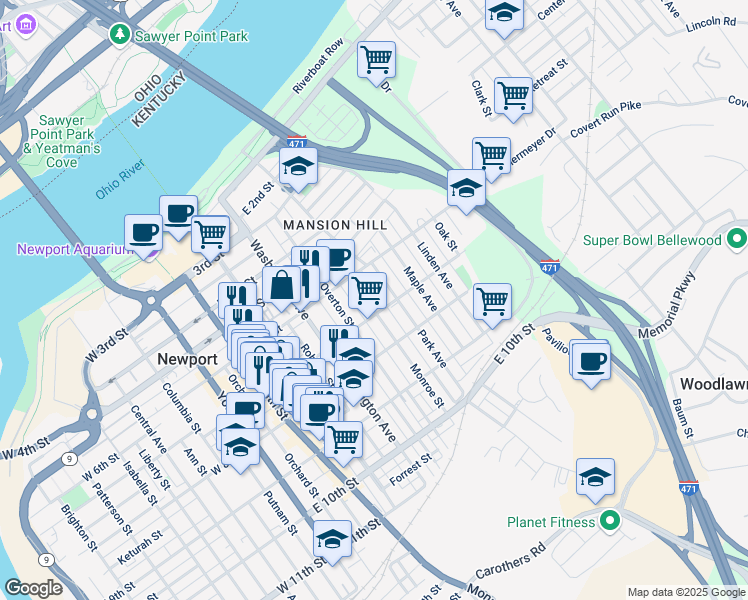map of restaurants, bars, coffee shops, grocery stores, and more near 701 Monroe Street in Newport