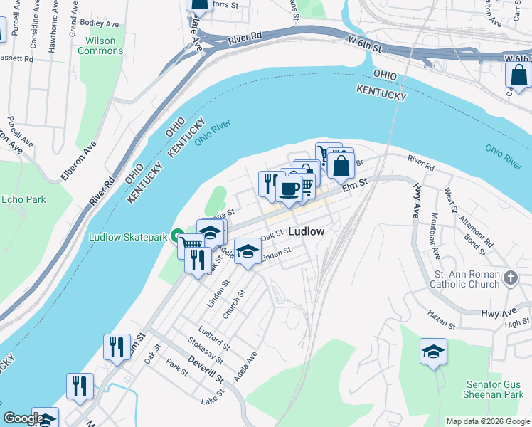 map of restaurants, bars, coffee shops, grocery stores, and more near 409 Kentucky 8 in Ludlow