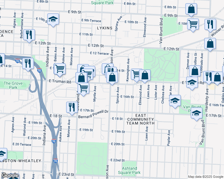 map of restaurants, bars, coffee shops, grocery stores, and more near 1527 Jackson Avenue in Kansas City