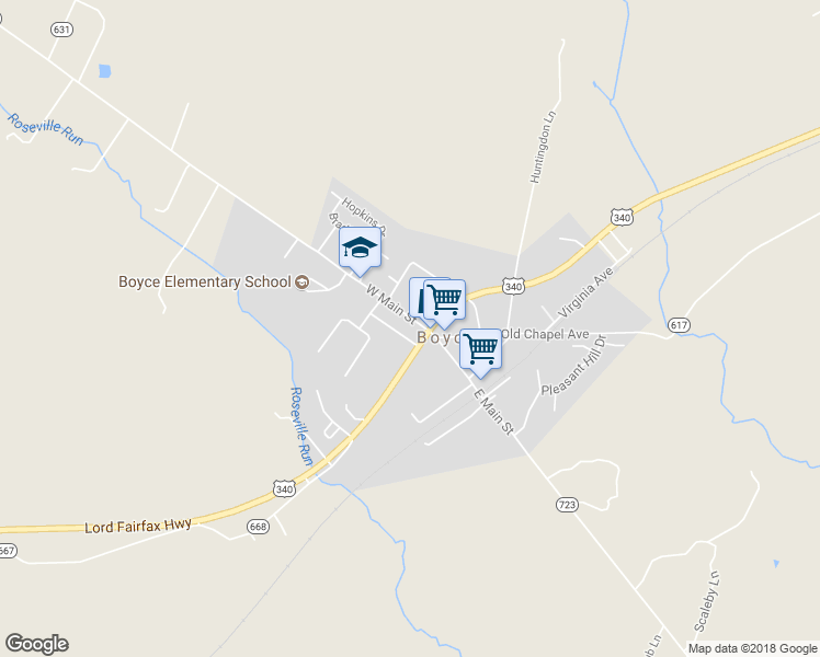 map of restaurants, bars, coffee shops, grocery stores, and more near 9 West Main Street in Boyce