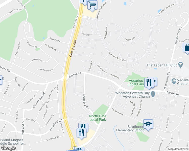 map of restaurants, bars, coffee shops, grocery stores, and more near 3754 Bel Pre Road in Aspen Hill