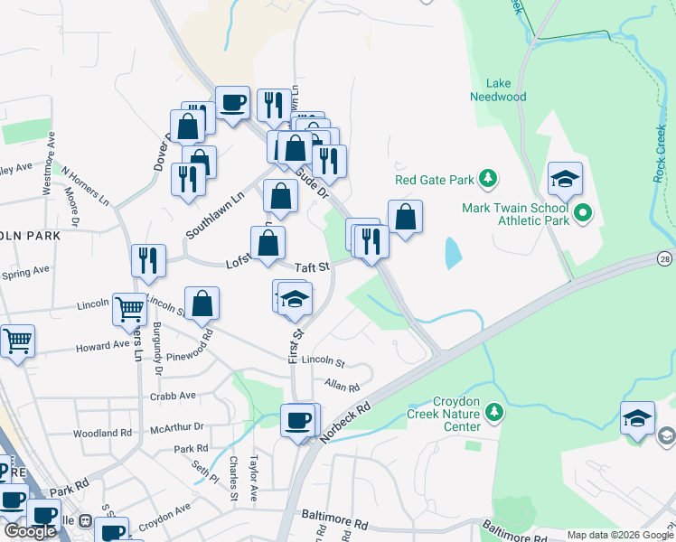 map of restaurants, bars, coffee shops, grocery stores, and more near 1201 1st Street in Rockville