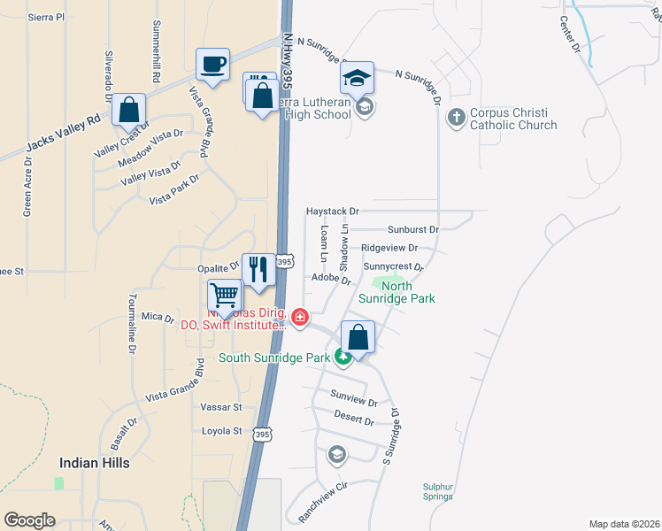 map of restaurants, bars, coffee shops, grocery stores, and more near 3551 Loam Lane in Carson City