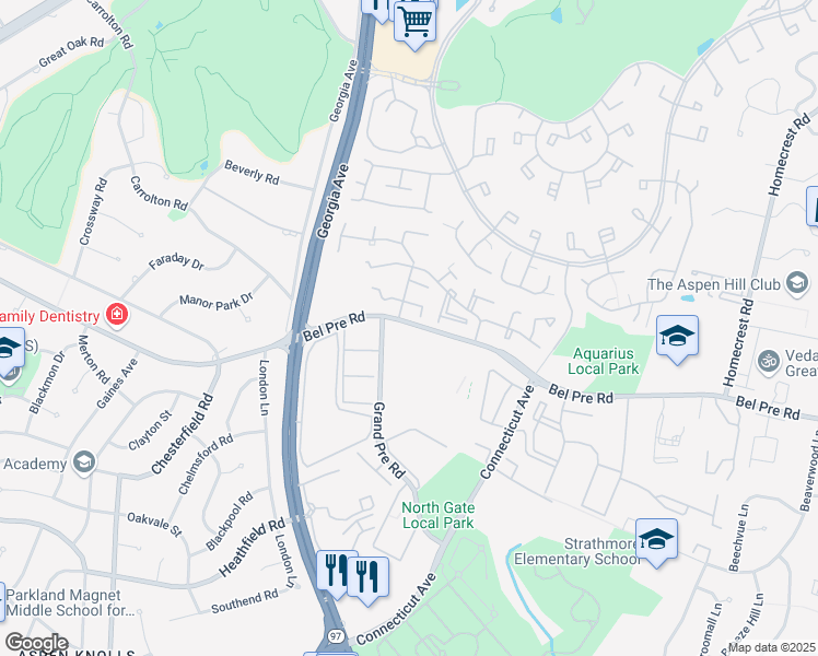 map of restaurants, bars, coffee shops, grocery stores, and more near 3814 Bel Pre Road in Silver Spring