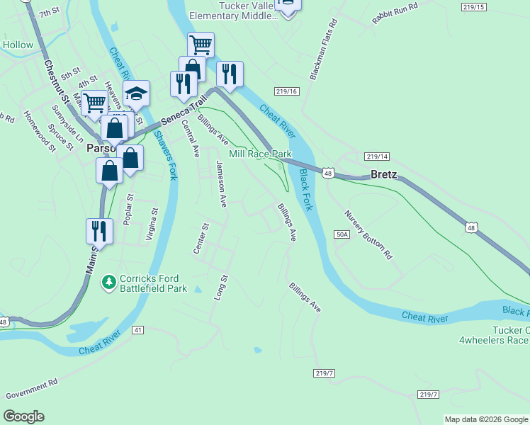 map of restaurants, bars, coffee shops, grocery stores, and more near 35-39 Overlook Drive in Parsons