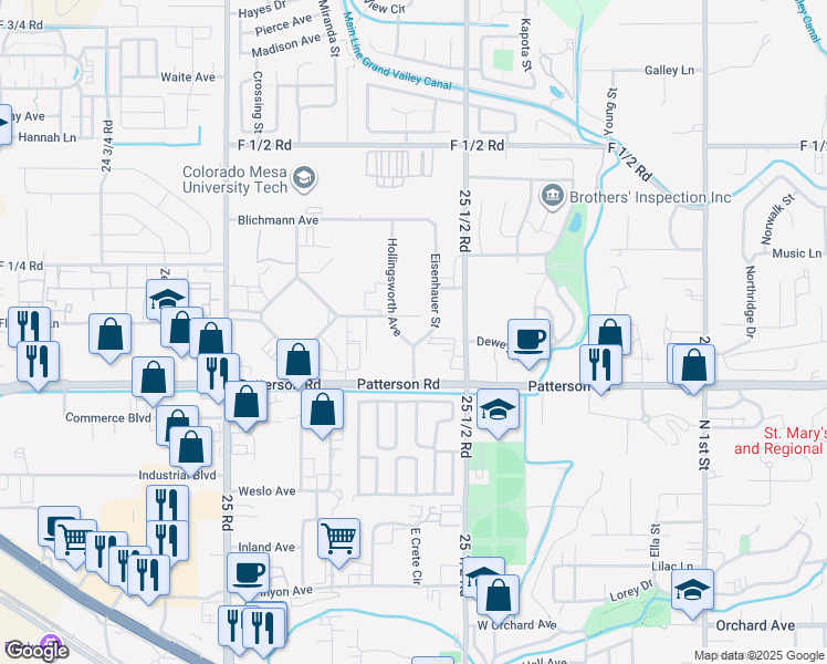 map of restaurants, bars, coffee shops, grocery stores, and more near 611 Eisenhauer Street in Grand Junction