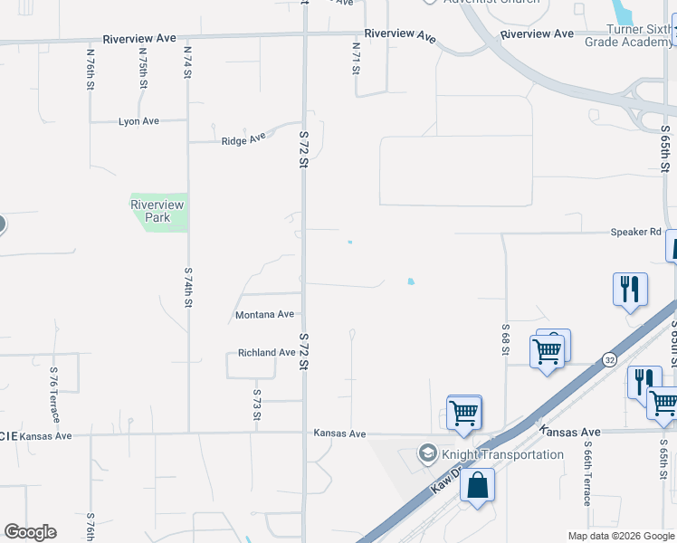 map of restaurants, bars, coffee shops, grocery stores, and more near 233 South 72 Street in Kansas City