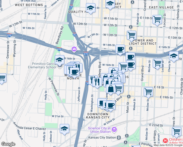 map of restaurants, bars, coffee shops, grocery stores, and more near 1656 Washington St in Kansas City