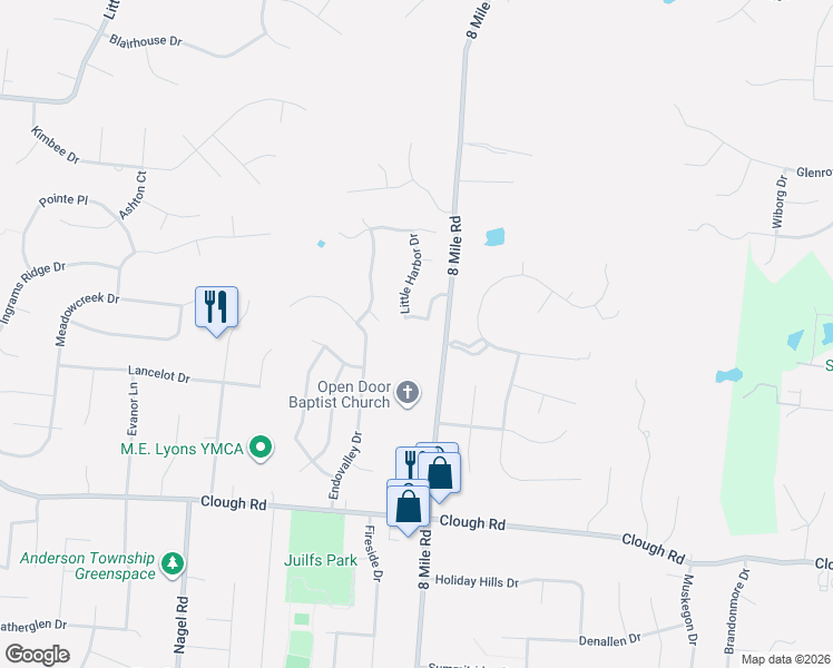 map of restaurants, bars, coffee shops, grocery stores, and more near 2221 8 Mile Road in Cincinnati
