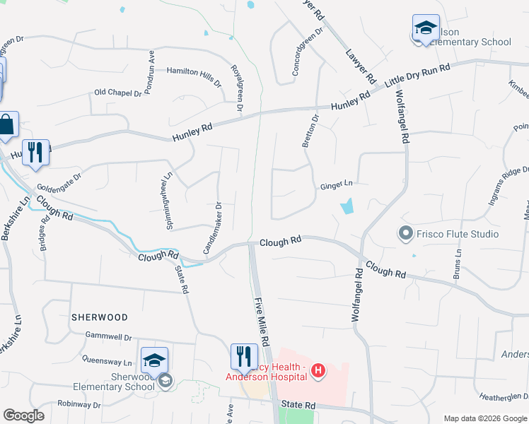map of restaurants, bars, coffee shops, grocery stores, and more near 2235 Donnington Lane in Cincinnati