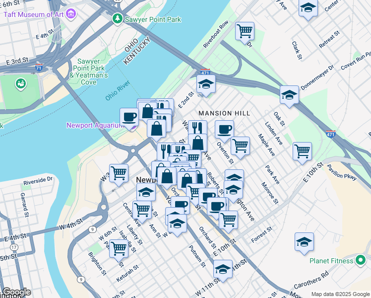 map of restaurants, bars, coffee shops, grocery stores, and more near 119a East 5th Street in Newport