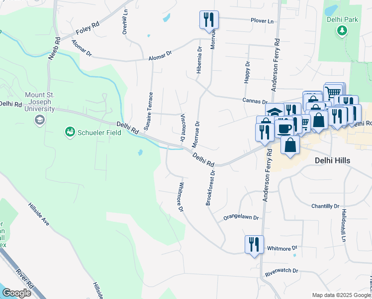 map of restaurants, bars, coffee shops, grocery stores, and more near 5443 Delhi Pike in Cincinnati