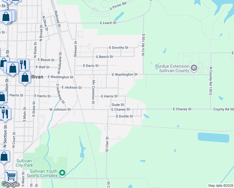 map of restaurants, bars, coffee shops, grocery stores, and more near 801-899 E Harris St in Sullivan