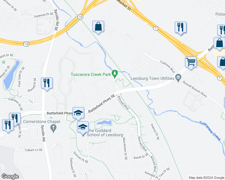 map of restaurants, bars, coffee shops, grocery stores, and more near 412 Nikki Terrace Southeast in Leesburg
