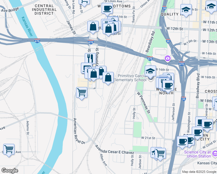 map of restaurants, bars, coffee shops, grocery stores, and more near 1701 Liberty Street in Kansas City
