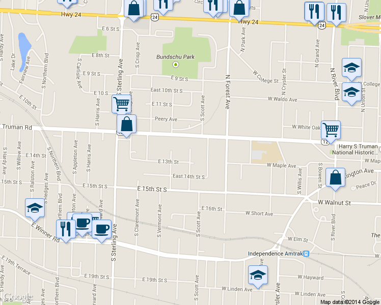 map of restaurants, bars, coffee shops, grocery stores, and more near 11418 East 13th Street in Independence