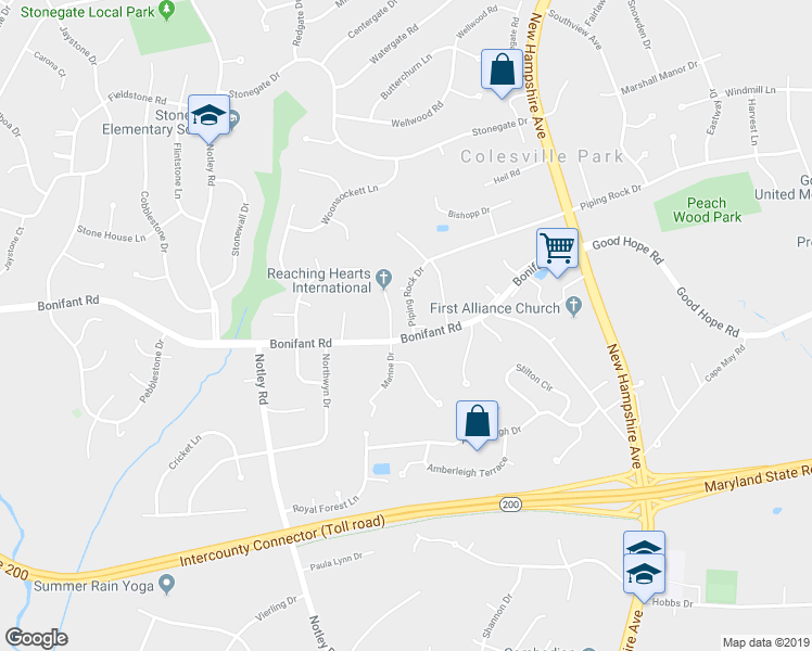 map of restaurants, bars, coffee shops, grocery stores, and more near 2 Piping Rock Drive in Silver Spring