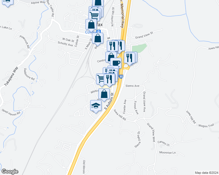 map of restaurants, bars, coffee shops, grocery stores, and more near 555 South Auburn Street in Colfax